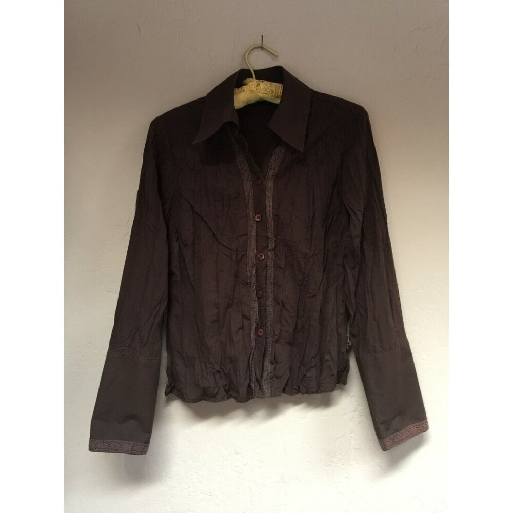Tom Tailor Womens Sz 38 Brown Lace Trim Pleated Top Shirt Long Sleeve Wide Cuff